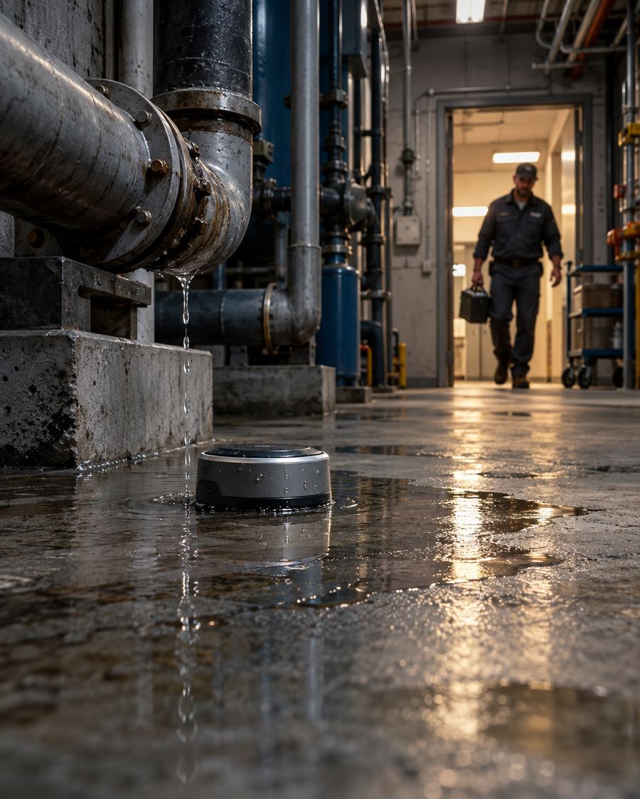 A wet plant-room corridor after a leak, a technician walking toward the source