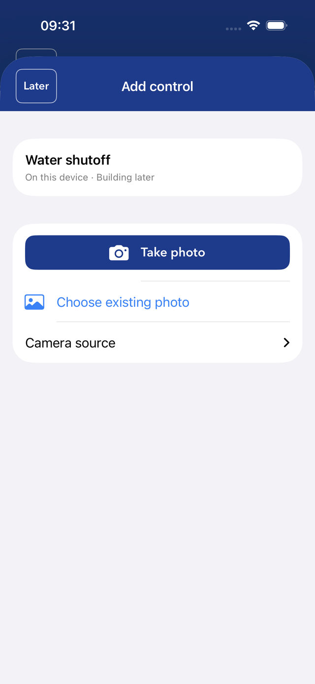 Add control sheet for a Water shutoff, saved on this device with the building to be set later, with Take photo, Choose existing photo and Camera source.