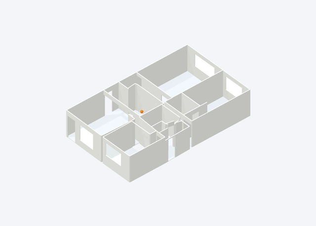 White-studio isometric 3D model of a multi-room floor assembled from a LiDAR capture, with a small orange marker at a recorded emergency control.