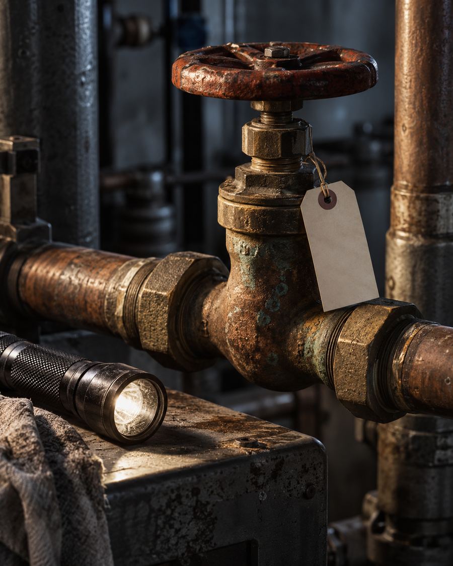 A tagged valve on a plant-room pipe