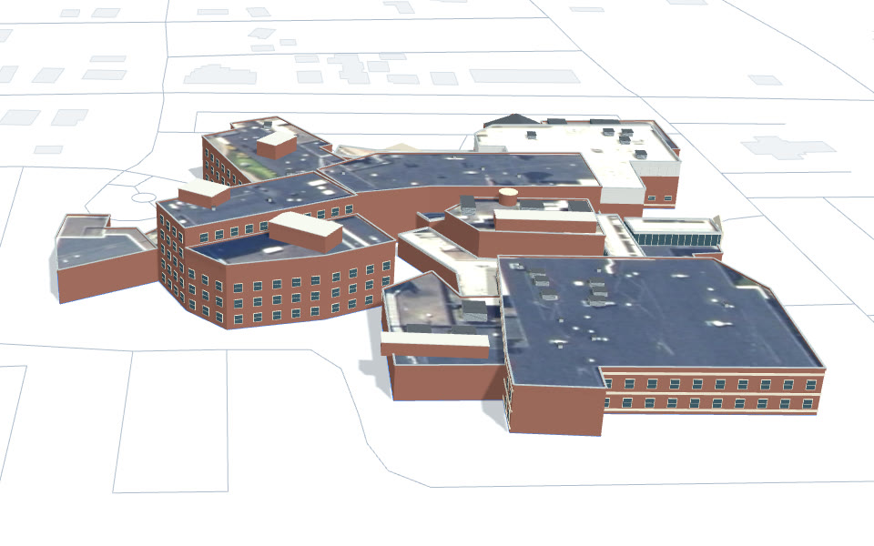 Saratoga Hospital in 3D: the whole campus, its brick wings and roofs, in CriticalAsset's Atlas viewer.