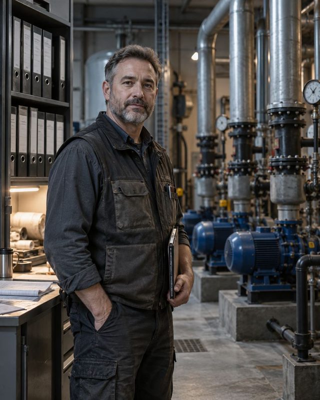 An engineer stands by shelves of binders in a pump room, holding a folder, with a row of blue pumps behind.