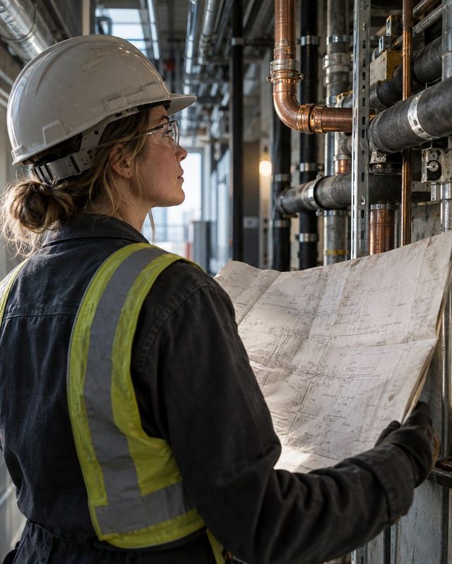 An engineer in a hard hat and safety vest holds a large drawing sheet up against a wall of pipes.