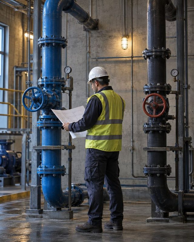 An engineer in a hard hat and safety vest reads a drawing beside vertical risers with blue and red handwheel valves.