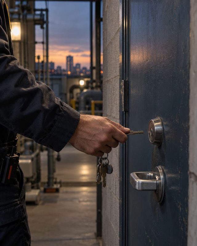 A hand turns a key in a steel plant-room door at dusk, a city skyline beyond.