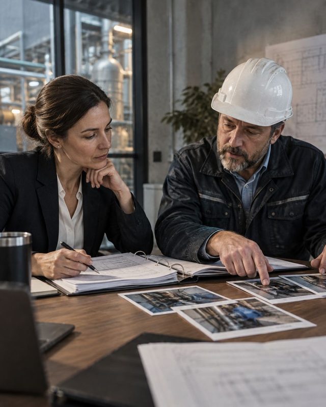 A woman in a blazer takes notes while an engineer in a hard hat points at printed site photos and a binder on a desk.