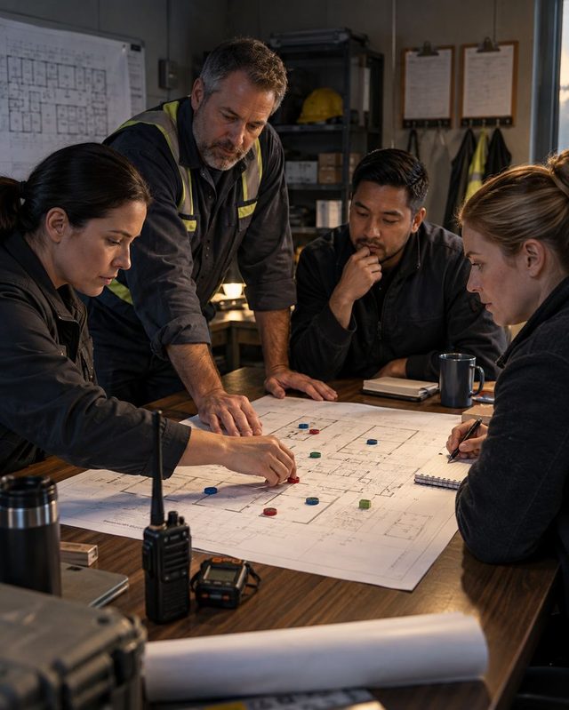 Four people around a table mark a floor plan with coloured magnets, a radio and notebooks on the table.