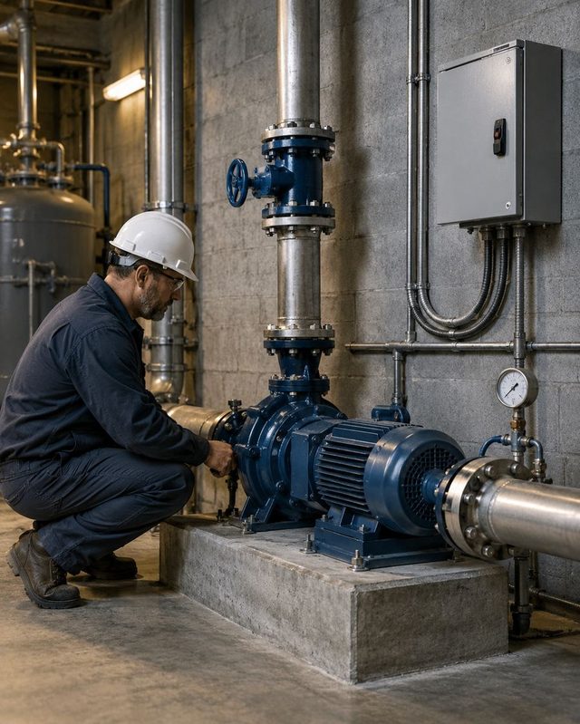 A technician in a hard hat crouches beside a blue pump and its isolation valve in a concrete plant room.