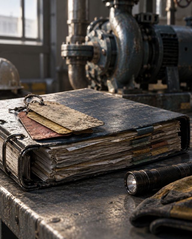 A worn, overstuffed binder with old metal tags on top, a flashlight and gloves beside it, a pump behind.