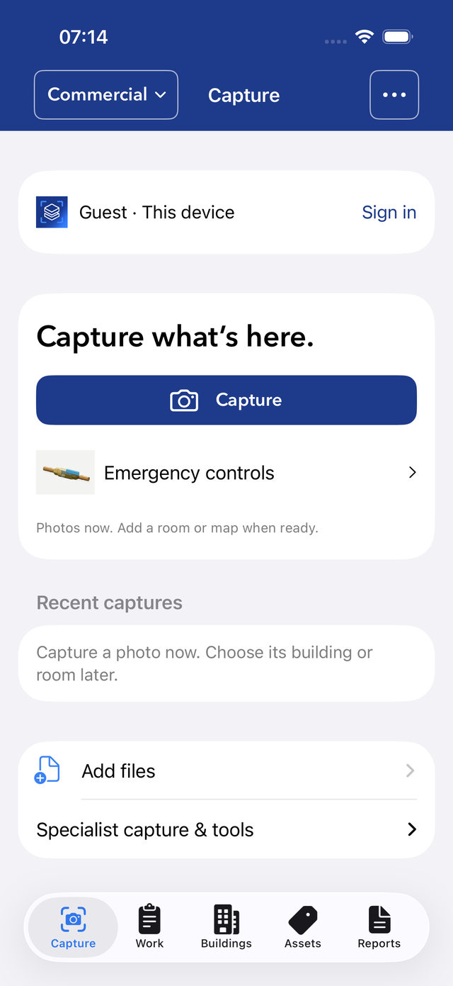 Commercial Capture tab: 'Capture what's here.' with a Capture button, an Emergency controls entry, the note 'Photos now. Add a room or map when ready.', Recent captures, Add files and Specialist capture & tools.