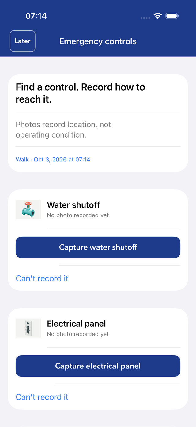 Emergency controls screen: 'Find a control. Record how to reach it. Photos record location, not operating condition.' Cards for Water shutoff and Electrical panel, each with a capture button and 'Can't record it'.