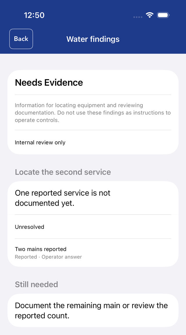 Water findings screen headed 'Needs Evidence' with the note 'Information for locating equipment and reviewing documentation. Do not use these findings as instructions to operate controls.' A finding 'Locate the second service: one reported service is not documented yet', marked Unresolved, sourced to an operator answer, and 'Still needed: document the remaining main or review the reported count.'
