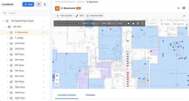 CriticalAsset location map for 110 Central Park South: the basement floor plan with its 21 rooms outlined and 112 placed assets marked, floors listed in the left rail.