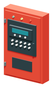 Product equipment artwork: a red fire alarm control panel with keypad and display.