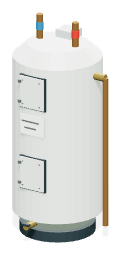 Product equipment artwork: a white tank water heater with supply connections.