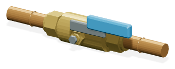 Product equipment artwork: a brass ball-type water shutoff valve with a blue lever handle.