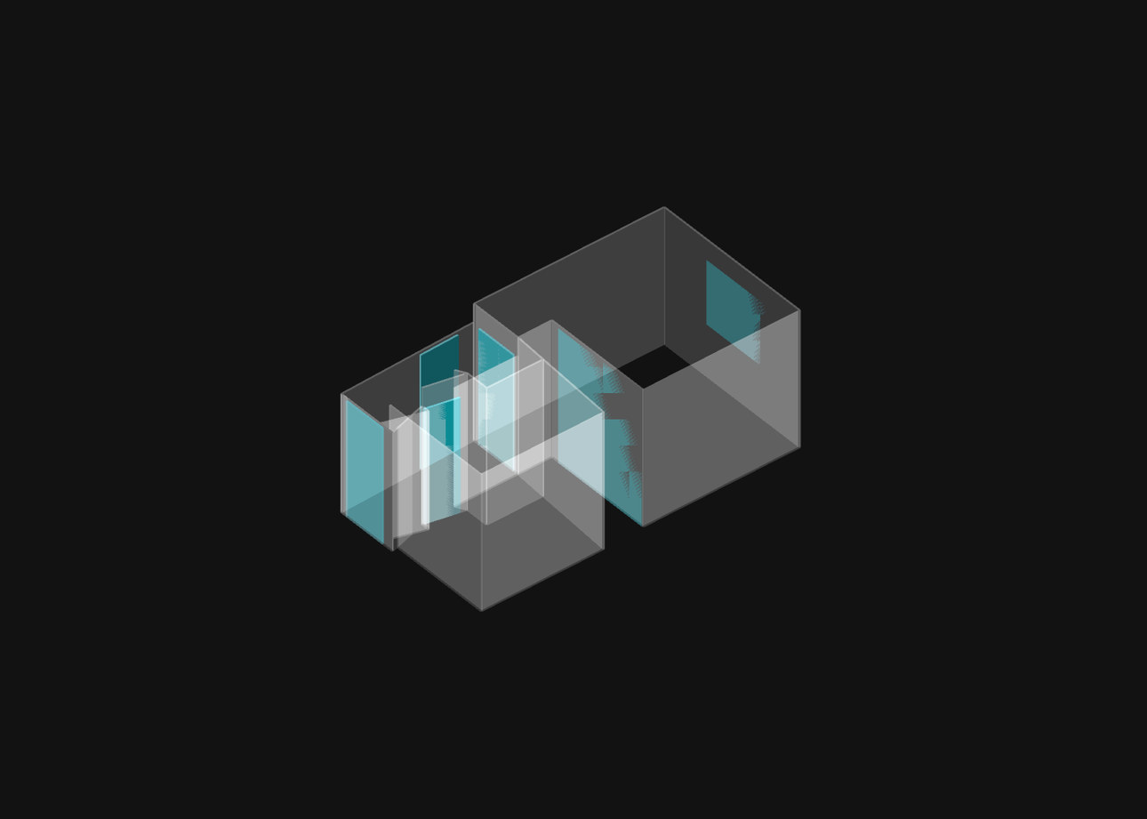 The same two-room capture rendered as a translucent glass model on black, with openings tinted cyan.