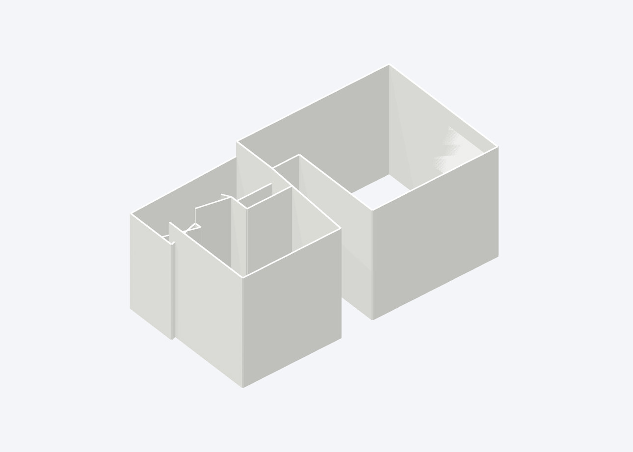 White-studio isometric 3D model of two connected rooms from a saved LiDAR capture.