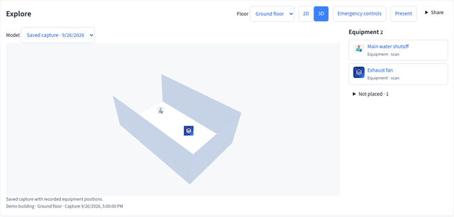 Web app Explore view in 3D: a saved capture of a room on the ground floor with two equipment markers, an equipment list with Main water shutoff and Exhaust fan, and buttons for Emergency controls, Present and Share.