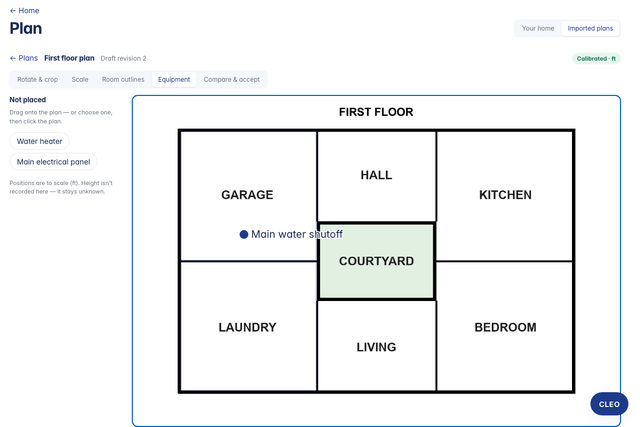 Web app Plan view of an imported first-floor plan, draft revision 2, calibrated in feet, with tabs Rotate & crop, Scale, Room outlines, Equipment, Compare & accept. Rooms Garage, Hall, Kitchen, Courtyard, Laundry, Living, Bedroom; a pin marks the Main water shutoff.